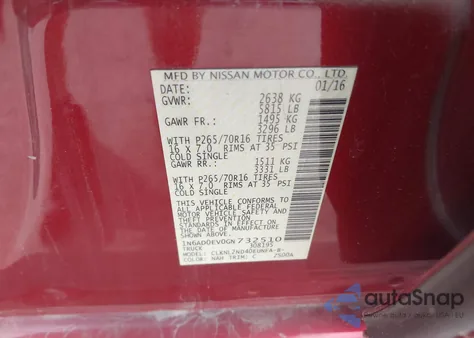 2016 Nissan Frontier Sv z USA, uszkodzony, nr VIN 1N6AD0EV0GN732510